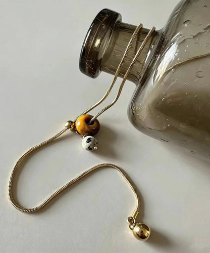 Simple Gold Tiger Eye Natural Stone Titanium Steel Chain Lariat Necklace