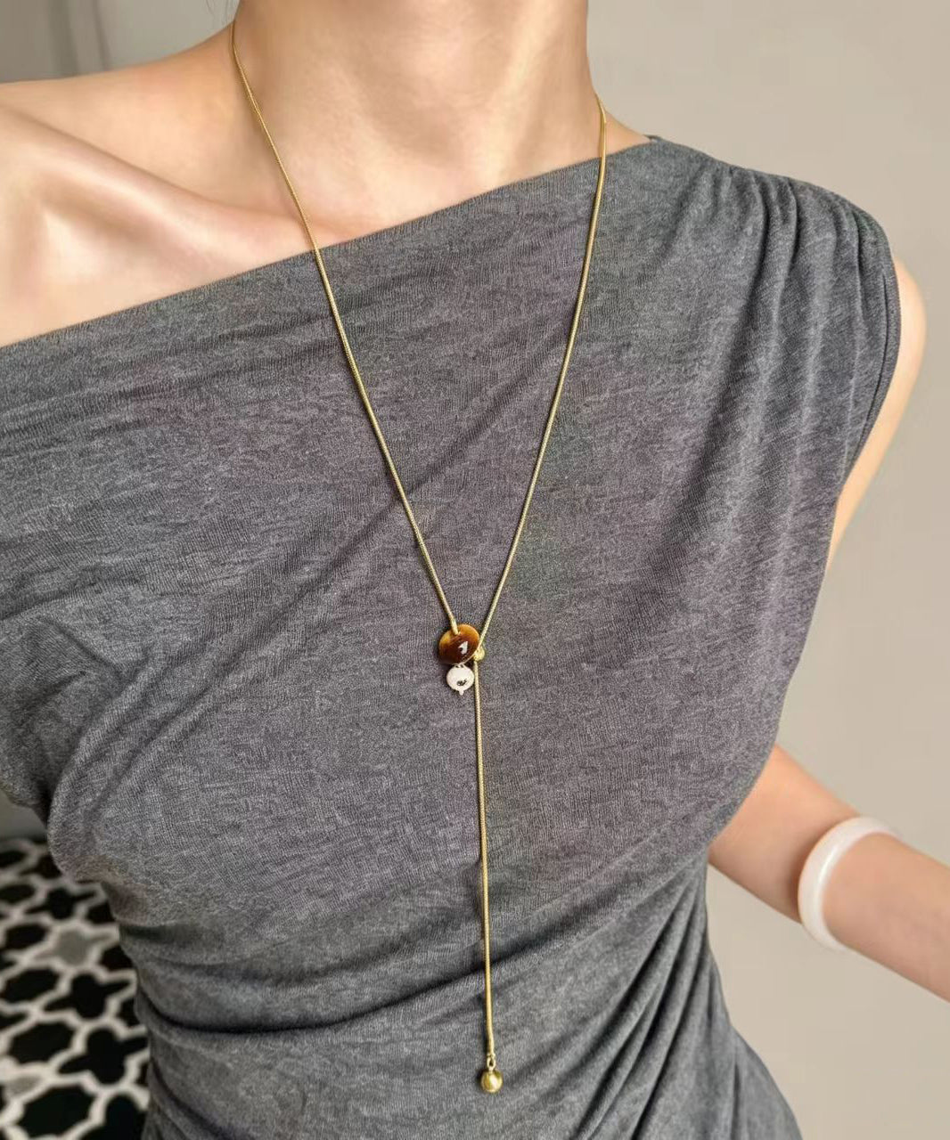 Simple Gold Tiger Eye Natural Stone Titanium Steel Chain Lariat Necklace