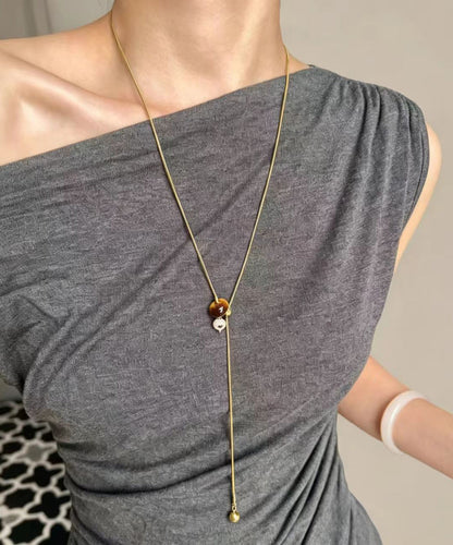 Simple Gold Tiger Eye Natural Stone Titanium Steel Chain Lariat Necklace