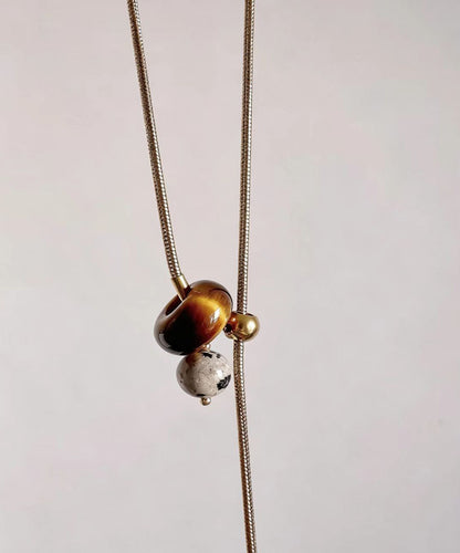 Simple Gold Tiger Eye Natural Stone Titanium Steel Chain Lariat Necklace