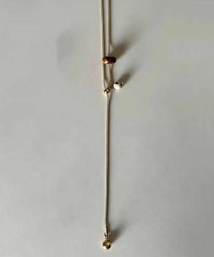 Simple Gold Tiger Eye Natural Stone Titanium Steel Chain Lariat Necklace
