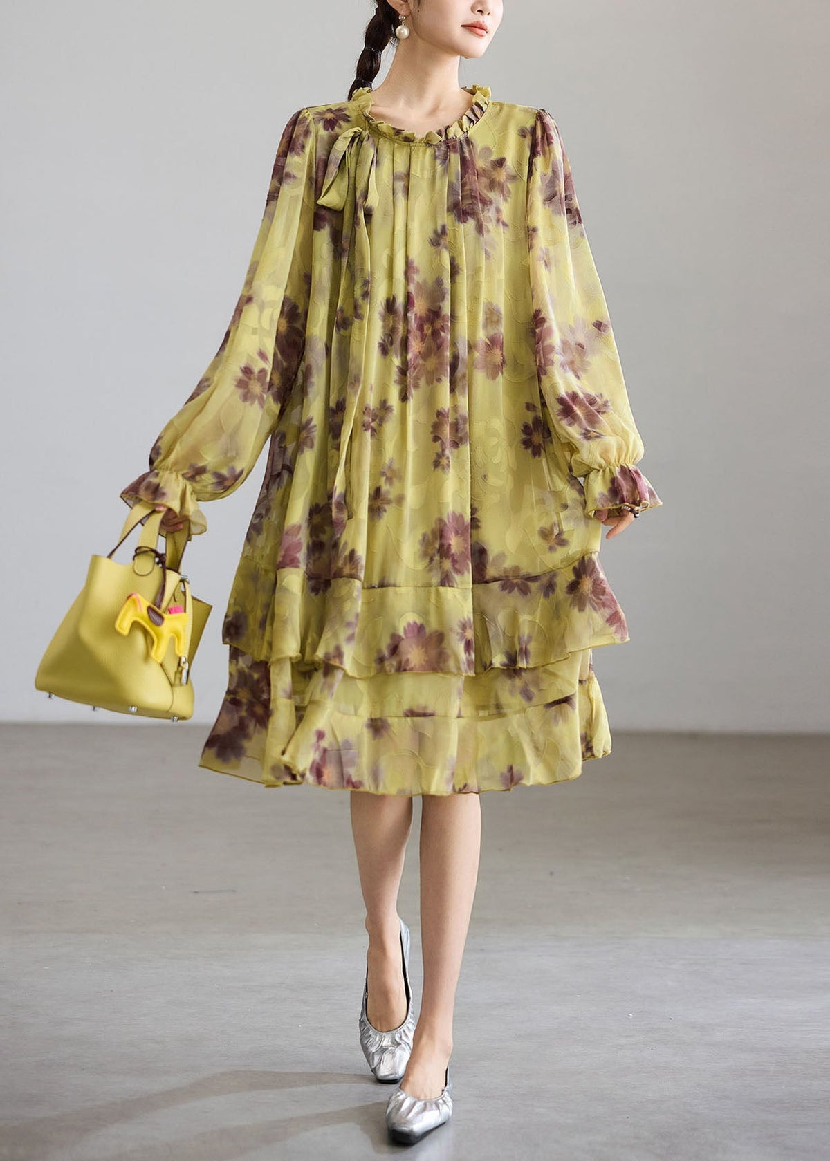 Simple Green Base Coffee Floral Ruffled Lace Up Bow Layered Dress Fall