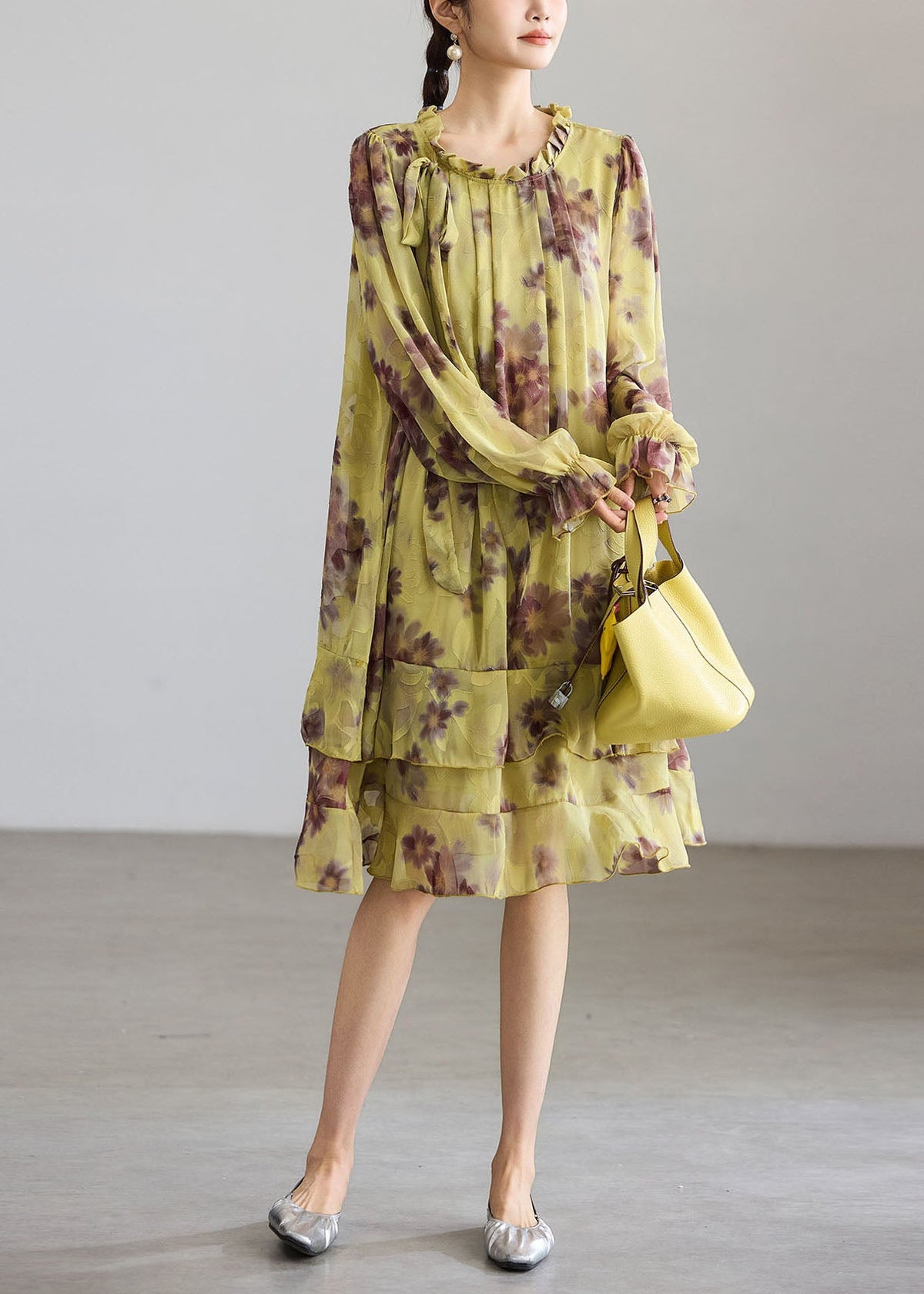 Simple Green Base Coffee Floral Ruffled Lace Up Bow Layered Dress Fall