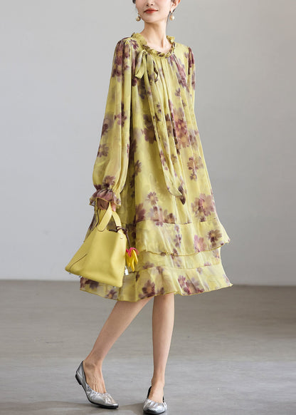 Simple Green Base Coffee Floral Ruffled Lace Up Bow Layered Dress Fall