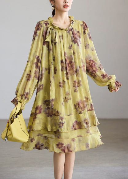 Simple Green Base Coffee Floral Ruffled Lace Up Bow Layered Dress Fall
