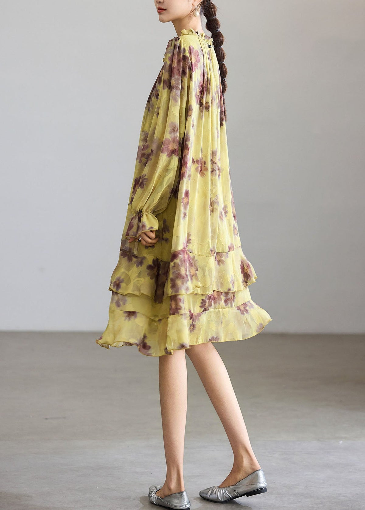 Simple Green Base Coffee Floral Ruffled Lace Up Bow Layered Dress Fall