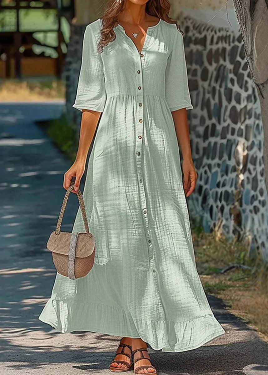 Simple Green Button Solid Cotton Shirts Dresses Half Sleeve