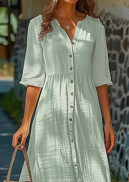 Simple Green Button Solid Cotton Shirts Dresses Half Sleeve
