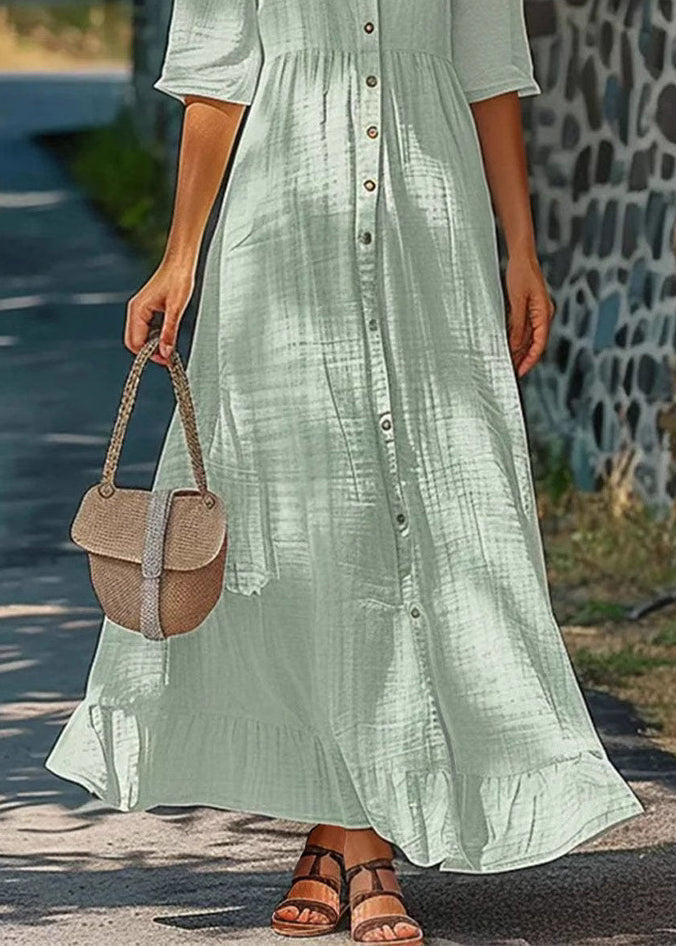 Simple Green Button Solid Cotton Shirts Dresses Half Sleeve