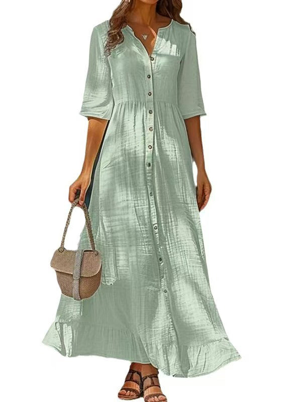 Simple Green Button Solid Cotton Shirts Dresses Half Sleeve