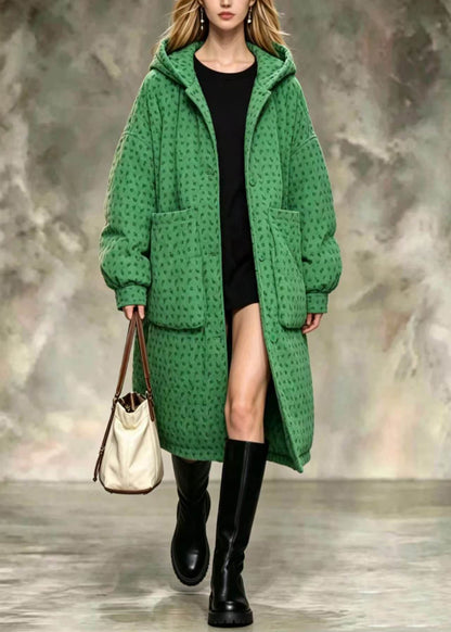 Simple Green Hooded Oversized Big Pockets Print Corduroy Cotton Filled Winter Coat