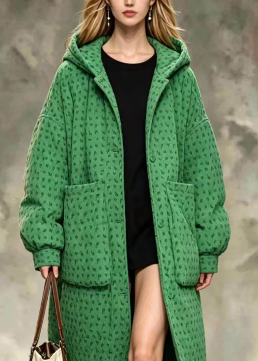 Simple Green Hooded Oversized Big Pockets Print Corduroy Cotton Filled Winter Coat