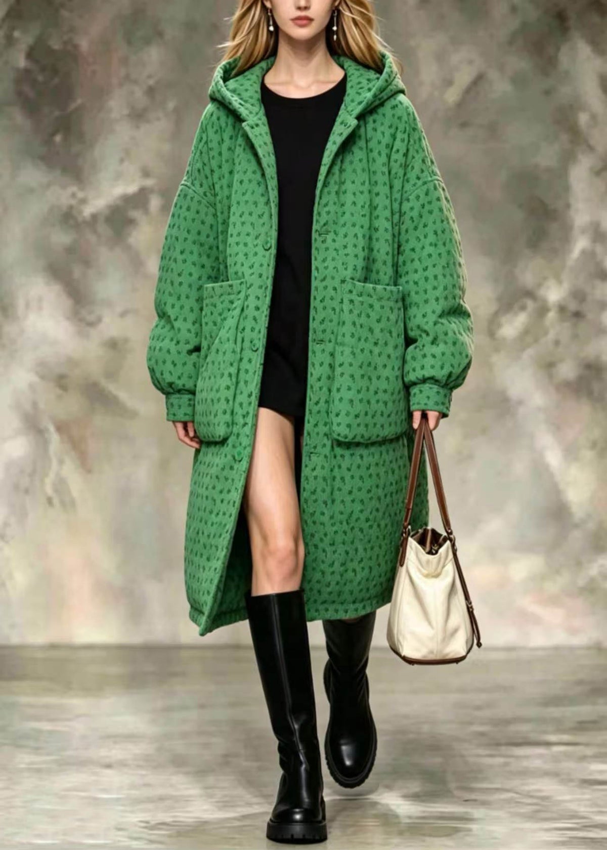 Simple Green Hooded Oversized Big Pockets Print Corduroy Cotton Filled Winter Coat