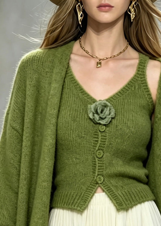 Simple Green Knit Floral Cami Dress And Cardigan Two Piece Set Fall