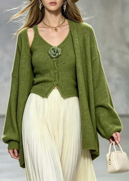 Simple Green Knit Floral Cami Dress And Cardigan Two Piece Set Fall