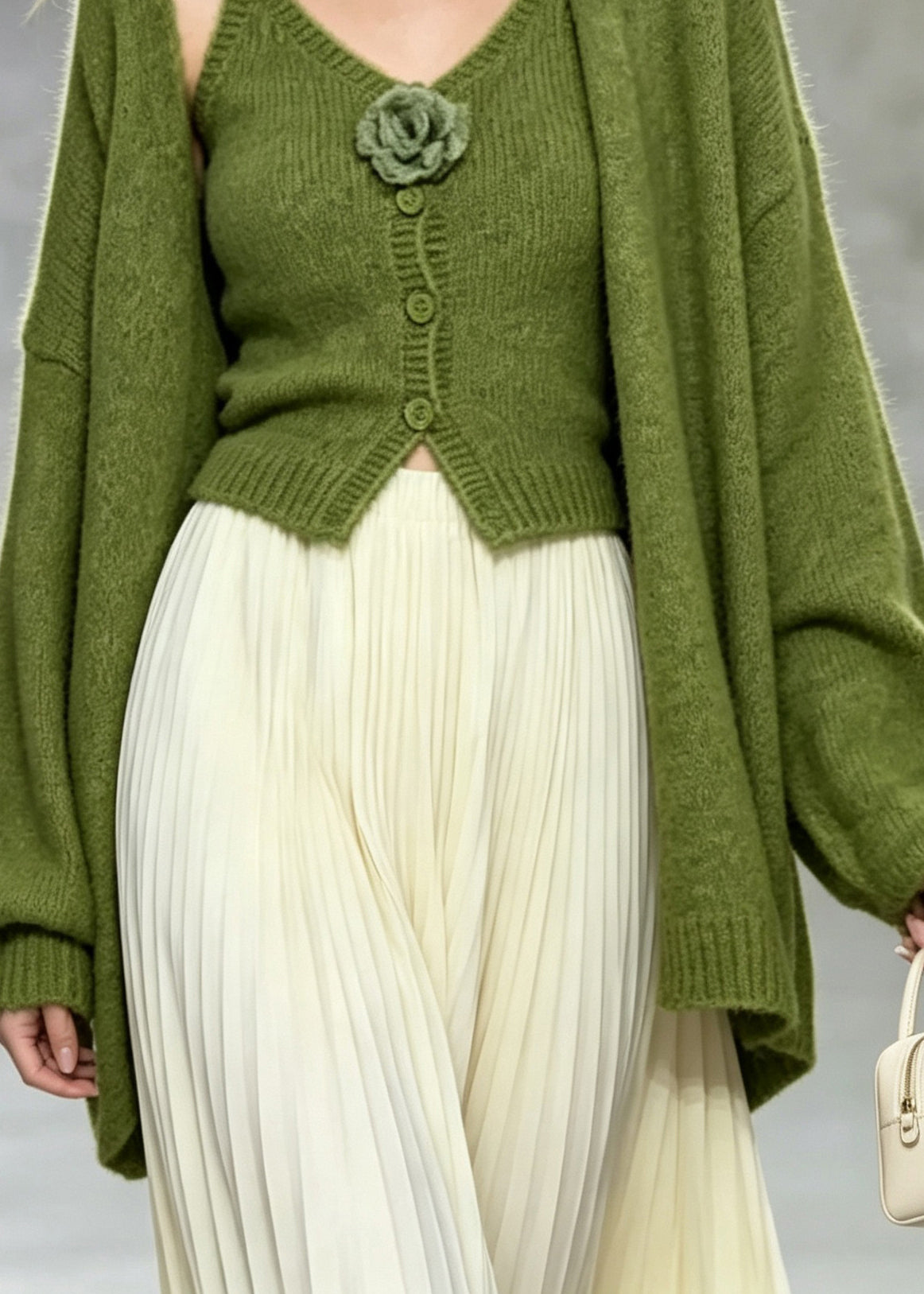 Simple Green Knit Floral Cami Dress And Cardigan Two Piece Set Fall