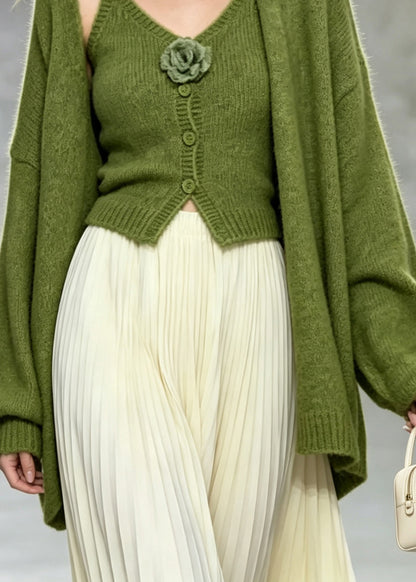Simple Green Knit Floral Cami Dress And Cardigan Two Piece Set Fall