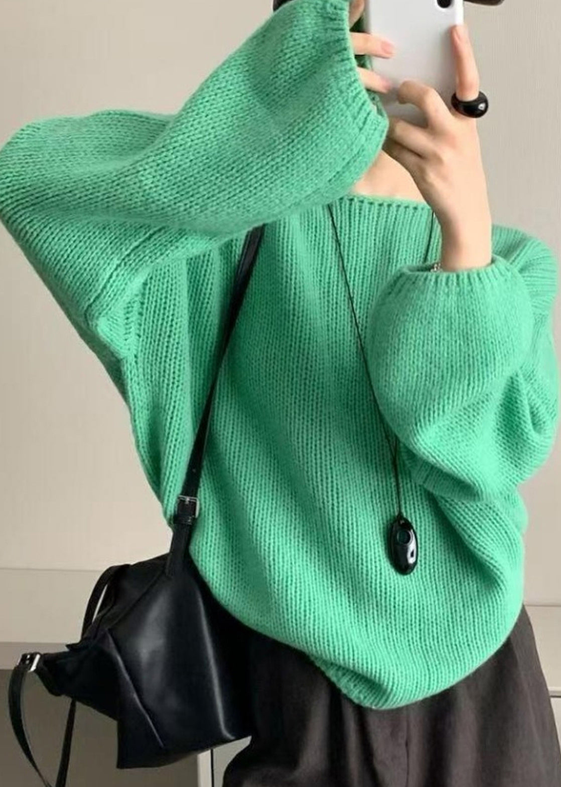Simple Green O Neck Patchwork Knit Sweater Tops Lantern Sleeve