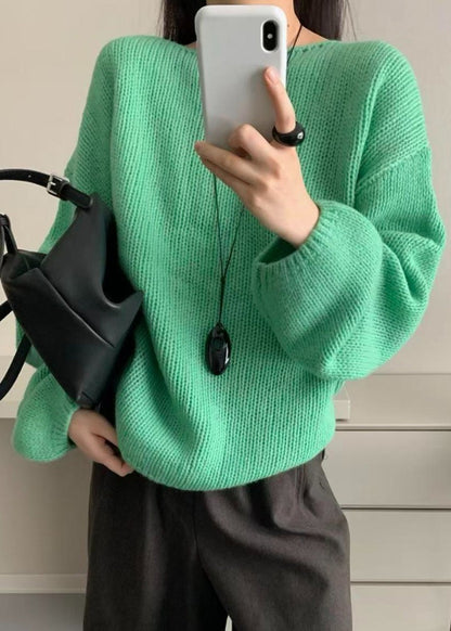 Simple Green O Neck Patchwork Knit Sweater Tops Lantern Sleeve