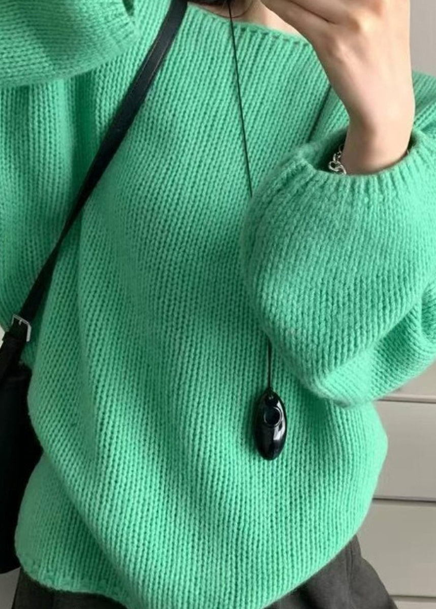 Simple Green O Neck Patchwork Knit Sweater Tops Lantern Sleeve