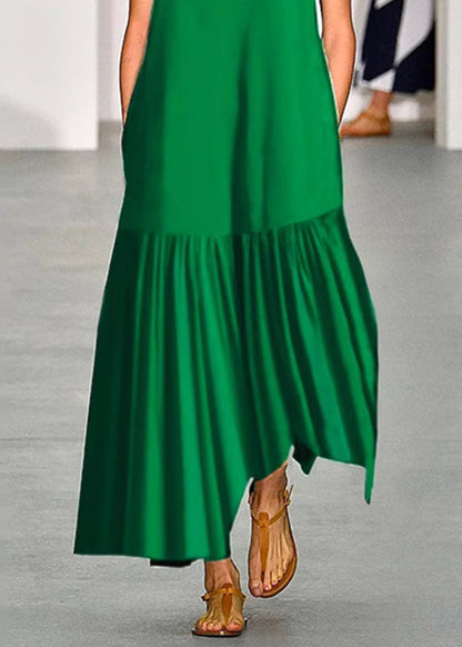 Simple Green O-Neck Patchwork Maxi Dresses Sleeveless