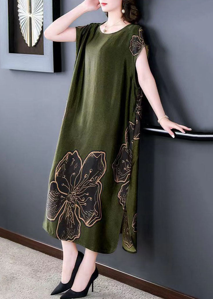Simple Green O Neck Print Patchwork Silk Long Dresses Summer