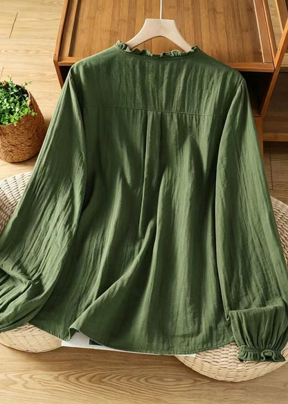 Simple Green O-Neck Ruffled Button Down Shirts Long Sleeve