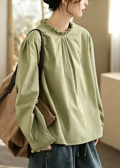 Simple Green O-Neck Ruffled Pleated Cotton Top Fall