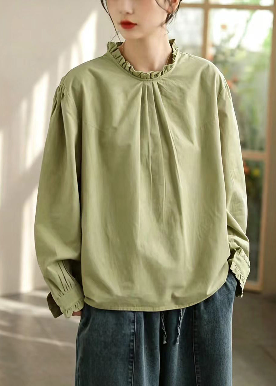 Simple Green O-Neck Ruffled Pleated Cotton Top Fall