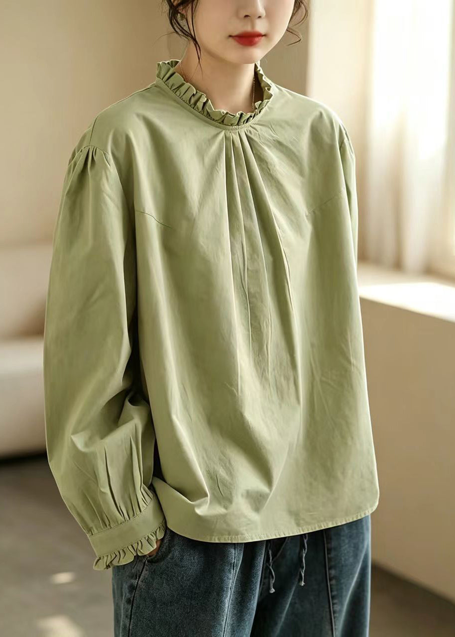 Simple Green O-Neck Ruffled Pleated Cotton Top Fall