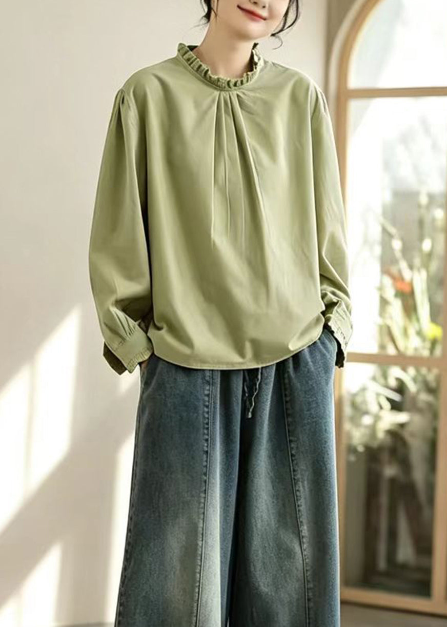 Simple Green O-Neck Ruffled Pleated Cotton Top Fall