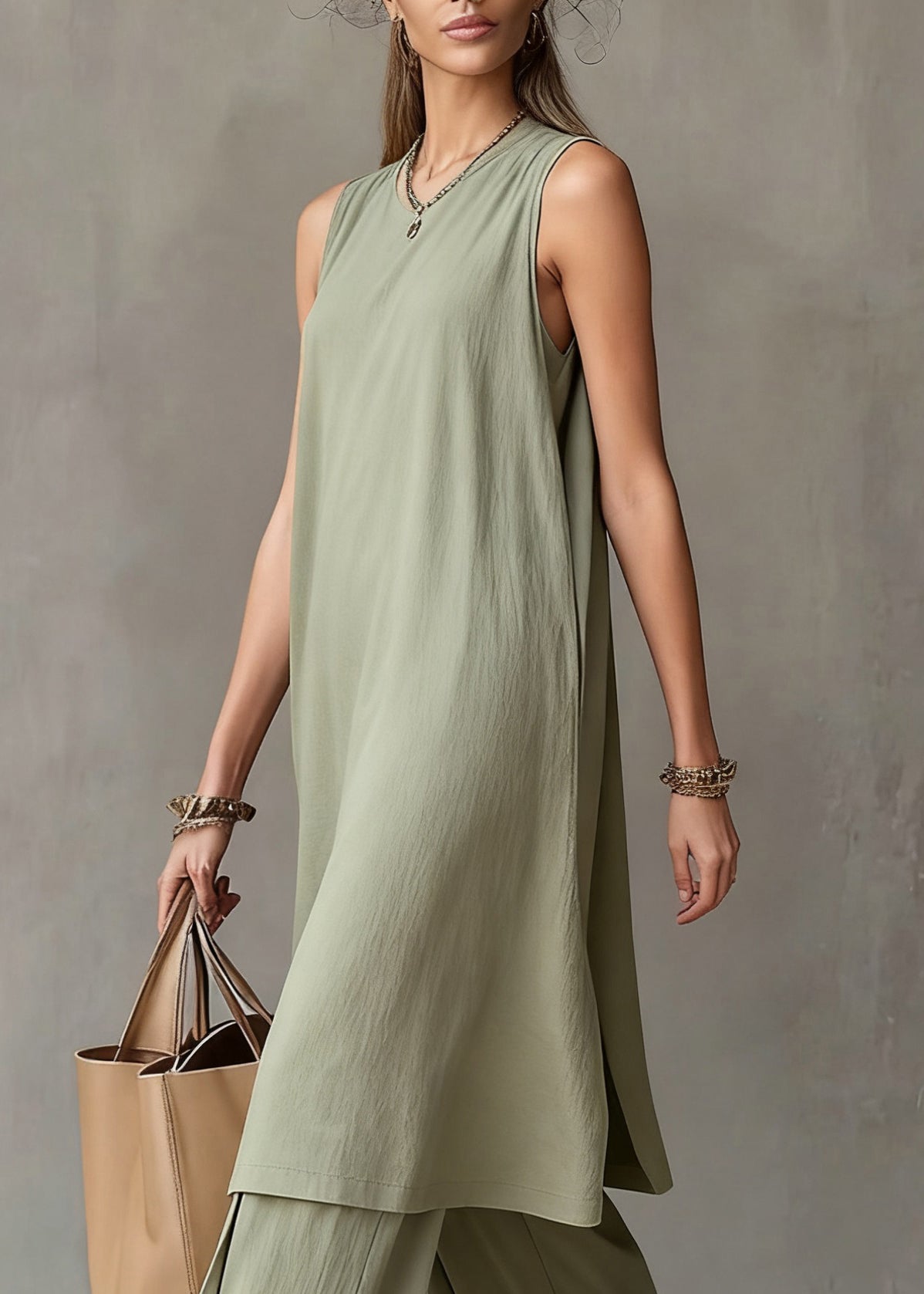 Simple Green O-Neck Solid Tank Dress And Wide Leg Pants Cotton Two Piece Set Sleeveless
