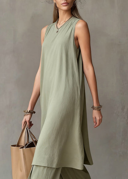 Simple Green O-Neck Solid Tank Dress And Wide Leg Pants Cotton Two Piece Set Sleeveless