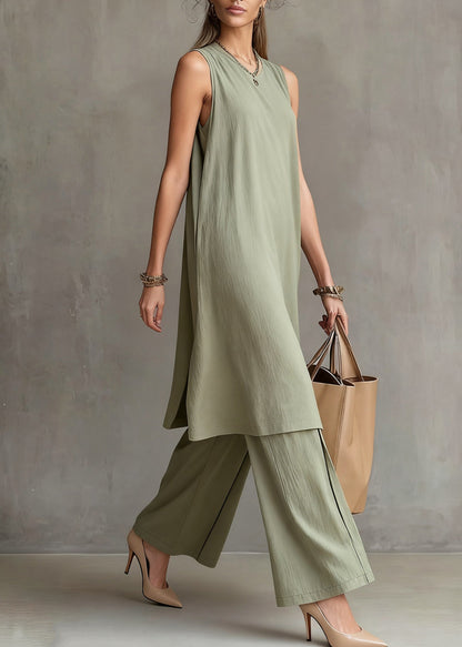 Simple Green O-Neck Solid Tank Dress And Wide Leg Pants Cotton Two Piece Set Sleeveless