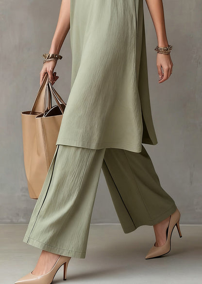 Simple Green O-Neck Solid Tank Dress And Wide Leg Pants Cotton Two Piece Set Sleeveless