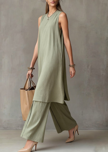 Simple Green O-Neck Solid Tank Dress And Wide Leg Pants Cotton Two Piece Set Sleeveless