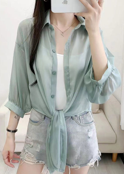 Simple Green Peter Pan Collar Cotton Shirt Cardigans Summer
