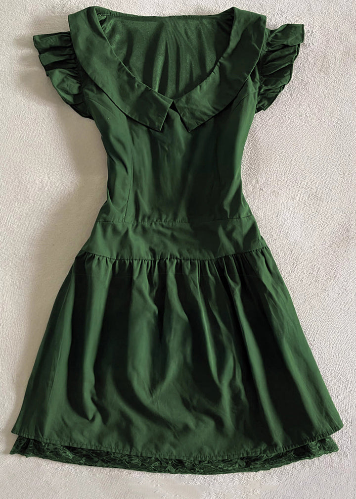 Simple Green Peter Pan Collar Lace Cotton Mid Dress Sleeveless