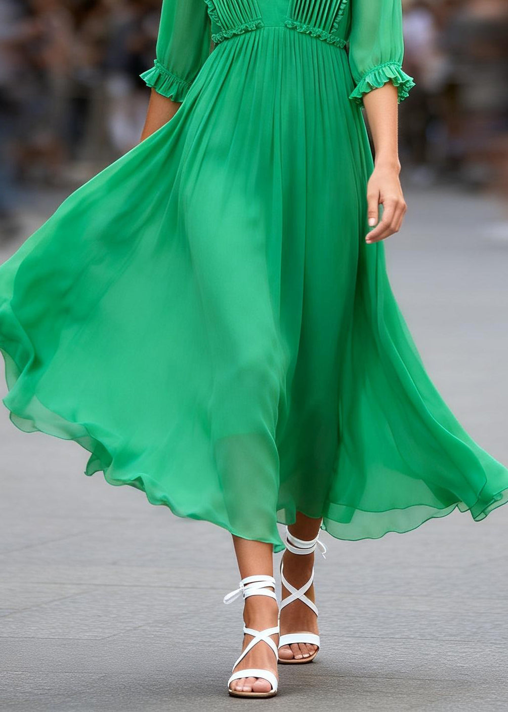 Simple Green Ruffled Patchwork Chiffon Maxi Dresses Summer