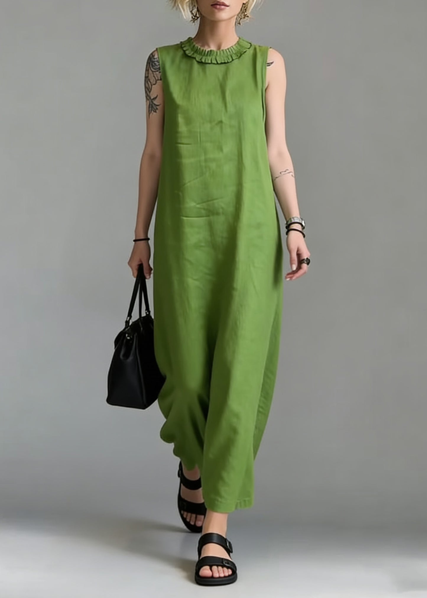 Simple Green Ruffled Solid Cotton Long Dress Sleeveless