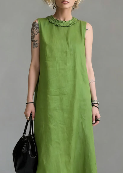 Simple Green Ruffled Solid Cotton Long Dress Sleeveless