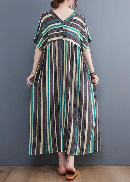 Simple Green Striped V Neck Patchwork Cotton Linen Long Dress - SooLinen