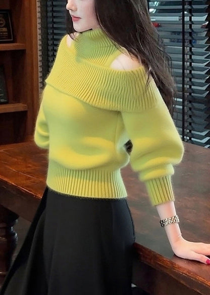 Simple Green Turtleneck Cold Shoulder Knit Sweater Winter