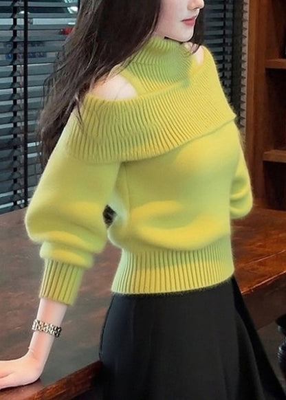 Simple Green Turtleneck Cold Shoulder Knit Sweater Winter