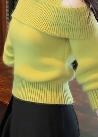 Simple Green Turtleneck Cold Shoulder Knit Sweater Winter