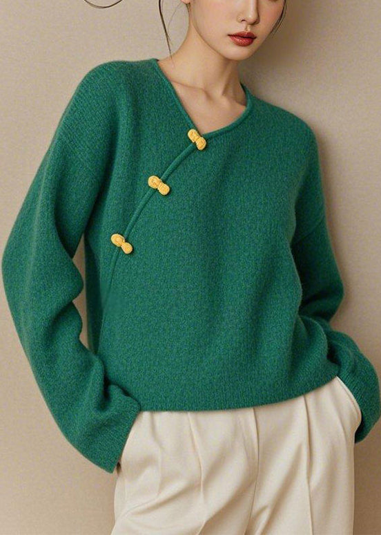 Simple Green V Neck Button Solid Knit Sweater Spring