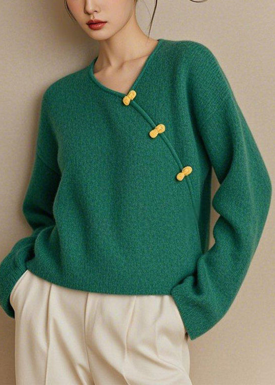 Simple Green V Neck Button Solid Knit Sweater Spring