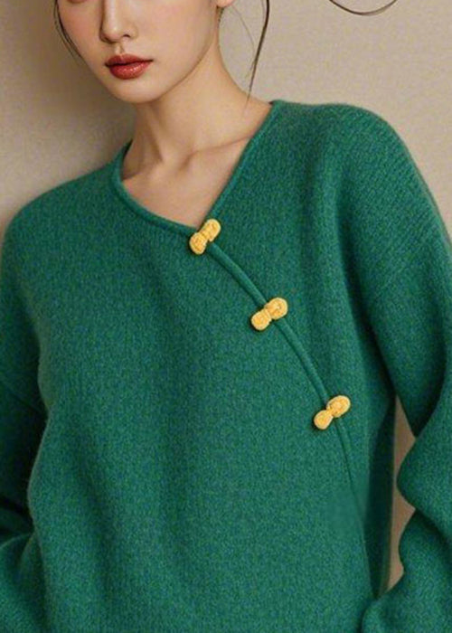 Simple Green V Neck Button Solid Knit Sweater Spring