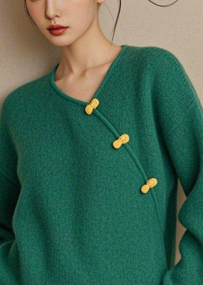 Simple Green V Neck Button Solid Knit Sweater Spring