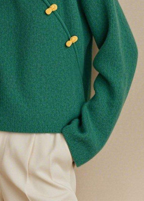 Simple Green V Neck Button Solid Knit Sweater Spring